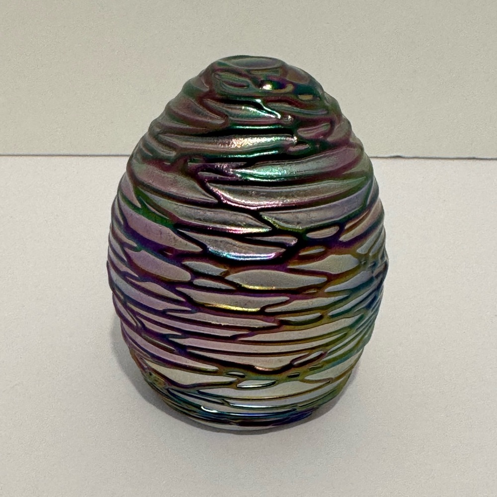 Vintage Glass Act Iridescent Swirled Textured Egg Shape Glass Paperweight